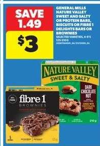 General Mills Nature Valley Sweet and Salty or Protein Bars, Biscuits or Fibre 1 Delights Bars or Brownies