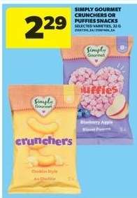 SIMPLY GOURMET CRUNCHERS OR PUFFIES SNACKS