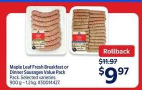 Maple Leaf Fresh breakfast or Dinner Sausages Value Pack