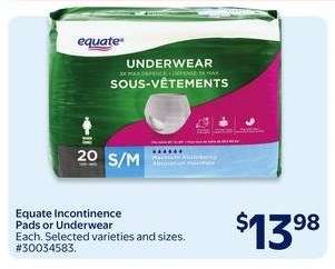 Equate Incontinence Pads or Underwear