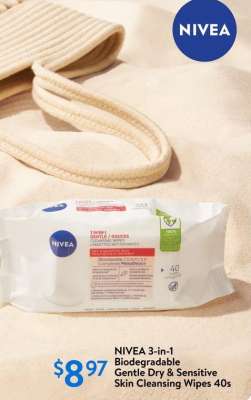 NIVEA 3-in-1 Biodegradable Gentle Dry & Sensitive Skin Cleansing Wipes 40s