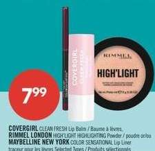 COVERGIRL CLEAN FRESH Lip Balm / Baume à lèvres, RIMMEL LONDON HIGH'LIGHT HIGHLIGHTING Powder / poudre or/ou MAYBELLINE NEW YORK COLOR SENSATIONAL Lip Liner