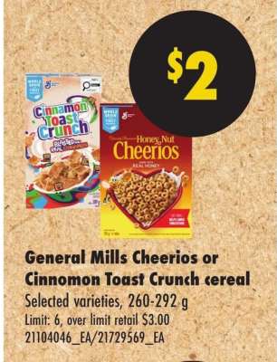 General Mills Cheerios or Cinnamon Toast Crunch cereal