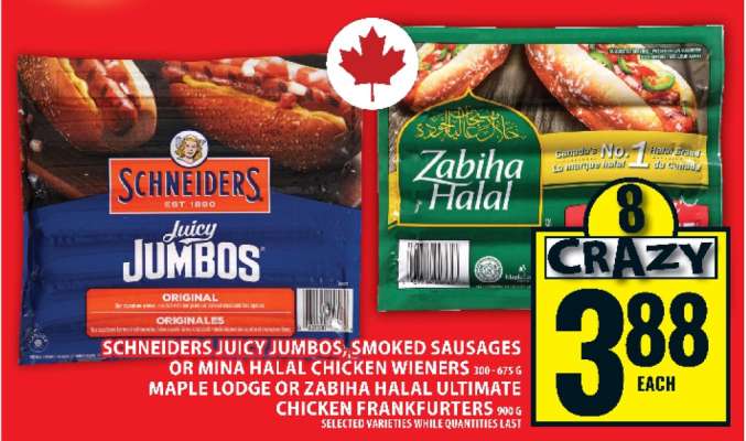 Schneiders Juicy Jumbos, Smoked Sausages or Mina Halal Chicken Wieners