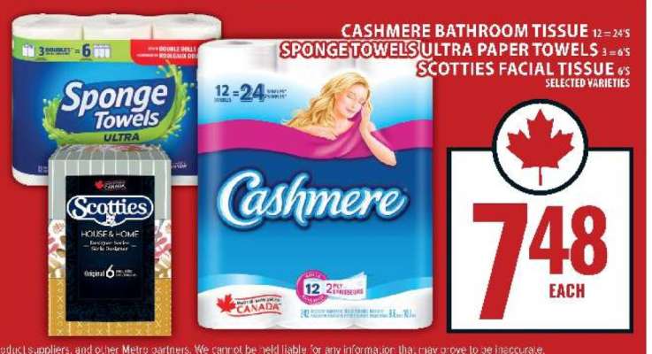 Cashmere Bathroom Tissue, Sponge Towels Ultra Paper Towels, Scotties Facial Tissue