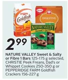 NATURE VALLEY Sweet & Salty or Fibre 1 Bars, CHRISTIE Peek Freans, Dad's or Whippet Cookies, PEPPERIDGE FARM Goldfish Crackers