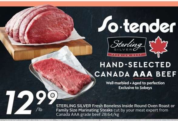 STERLING SILVER Fresh Boneless Inside Round Oven Roast or Family Size Marinating Steaks