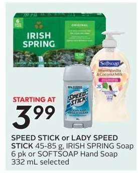 SPEED STICK or LADY SPEED STICK, IRISH SPRING Soap, SOFTSOAP Hand Soap