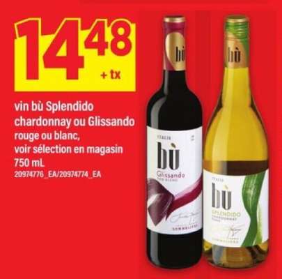 vin bù Splendido chardonnay ou Glissando rouge ou blanc