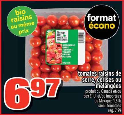 Tomates raisins de serre, cerises ou mélangées