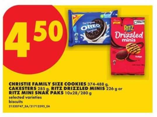 CHRISTIE FAMILY SIZE COOKIES, CAKESTERS, RITZ DRIZZLED MINIS, RITZ MINI SNAK PAKS