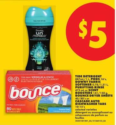 Tide Detergent, Downy Fabric Softener, Purifying Rinse, Scent Boosters, Bounce Dryer Sheets, Cascade Auto Dishwasher Tabs