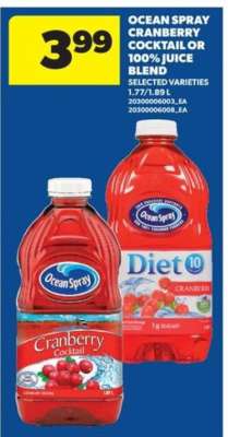 OCEAN SPRAY CRANBERRY COCKTAIL or 100% JUICE BLEND