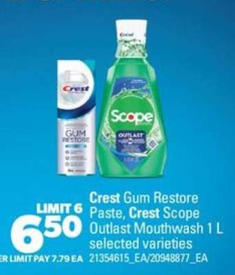 Crest Gum Restore Paste, Crest Scope Outlast Mouthwash 1 L