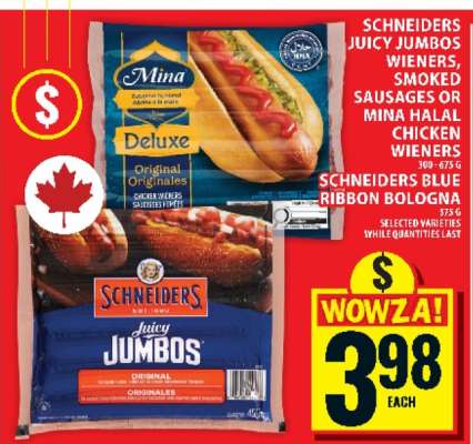 Schneiders Juicy Jumbos Wieners, Smoked Sausages or Mina Halal Chicken Wieners