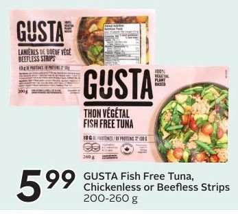 GUSTA Fish Free Tuna, Chickenless or Beefless Strips