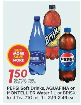 PEPSI Soft Drinks, AQUAFINA or MONTELLIER Water, BRISK Iced Tea