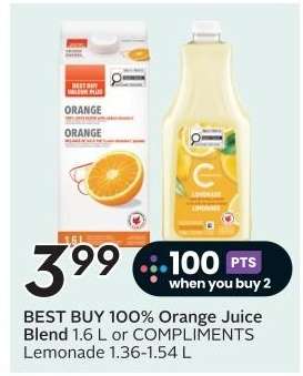 BEST BUY 100% Orange Juice Blend or COMPLIMENTS Lemonade