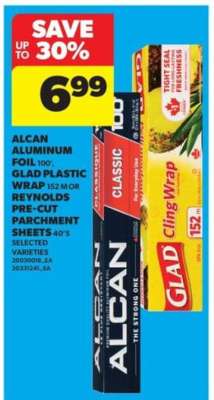 Alcan Aluminum Foil, Glad Plastic Wrap, Reynolds Pre-Cut Parchment Sheets
