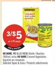 NO NAME, PC BLUE MENU Broth / Bouillon (900mL) or NO NAME Canned Vegetables