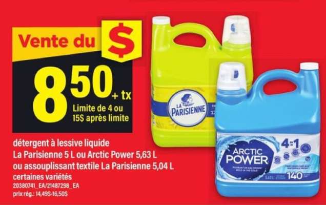 détergent à lessive liquide La Parisienne 5 L ou Arctic Power 5,63 L ou assouplissant textile La Parisienne 5,04 L
