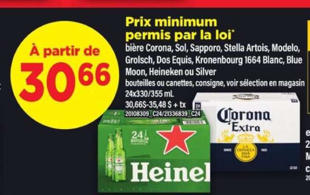 bière Corona, Sol, Sapporo, Stella Artois, Modelo, Grolsch, Dos Equis, Kronenbourg 1664 Blanc, Blue Moon, Heineken ou Silver