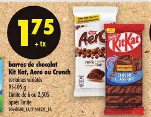 barres de chocolat Kit Kat, Aero ou Crunch