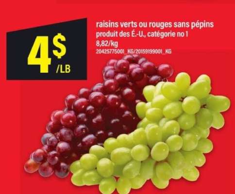 raisins verts ou rouges sans pépins