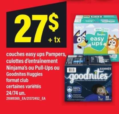 couches easy ups Pampers, culottes d'entraînement Ninjama's ou Pull-Ups ou Goodnites Huggies