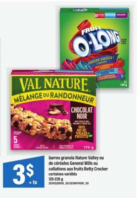 Barres granola Nature Valley ou de céréales General Mills ou collations aux fruits Betty Crocker