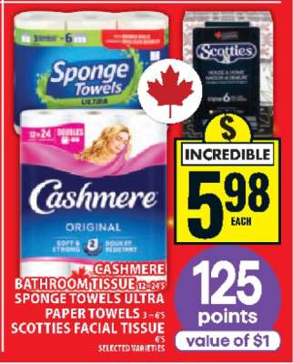Cashmere Bathroom Tissue, Sponge Towels Ultra, Scotties Facial Tissue