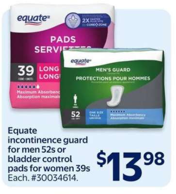 Equate incontinence guard for men 52s or bladder control pads for women 39s