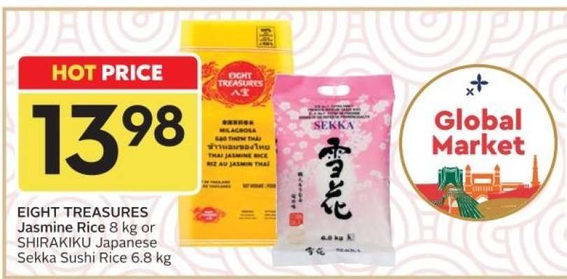 EIGHT TREASURES Jasmine Rice 8 kg or SHIRAIKIKU Japanese Sekka Sushi Rice 6.8 kg