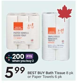 BEST BUY Bath Tissue 8 pk or Paper Towels 6 pk