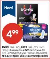 ALWAYS (36's - 72's), KOTEX (34's - 58's) Liners