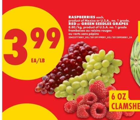 Raspberries or Red/Green Seedless Grapes
