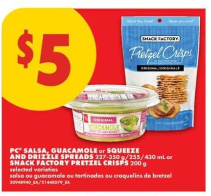 PC Salsa, Guacamole or Squeeze and Drizzle Spreads or Snack Factory Pretzel Crisps