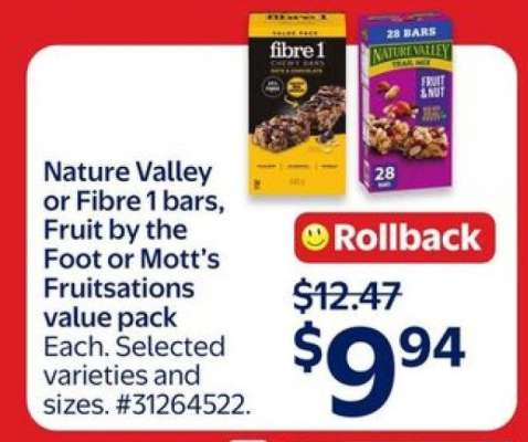 Nature Valley or Fibre 1 bars, Fruit by the Foot or Mott’s Fruitsations value pack