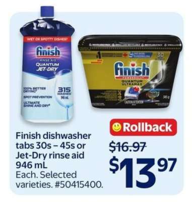 Finish dishwasher tabs 30s – 45s or Jet-Dry rinse aid 946 mL