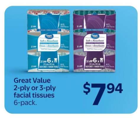 Great Value 2-ply or 3-ply facial tissues