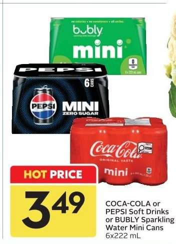 COCA-COLA or PEPSI Soft Drinks or BUBLY Sparkling Water Mini Cans