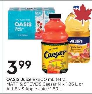 OASIS Juice, MATT & STEVE'S Caesar Mix, ALLEN'S Apple Juice