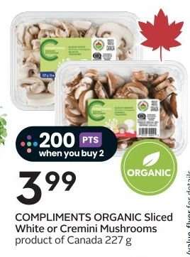 COMPLIMENTS ORGANIC Sliced White or Cremini Mushrooms