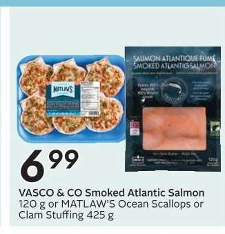 VASCO & CO Smoked Atlantic Salmon or MATLAW'S Ocean Scallops or Clam Stuffing