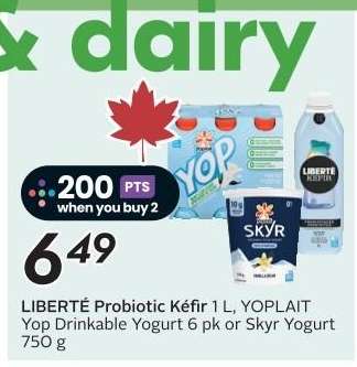 LIBERTÉ Probiotic Kéfir 1 L, YOPLAIT Yop Drinkable Yogurt 6 pk or Skyr Yogurt 750 g