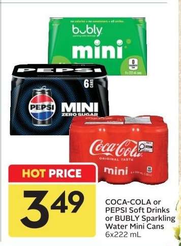 COCA-COLA or PEPSI Soft Drinks or BUBLY Sparkling Water Mini Cans