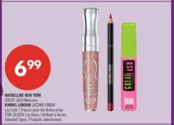 MAYBELLINE NEW YORK GREAT LASH Mascara, RIMMEL LONDON LASTING FINISH Lip Liner