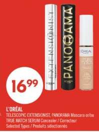 L'ORÉAL TELESCOPIC EXTENSIONIST, PANORAMA Mascara or/ou TRUE MATCH SERUM Concealer