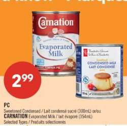 PC Sweetened Condensed / Lait condensé sucré (300mL) or/ou CARNATION Evaporated Milk / lait évaporé (354mL)