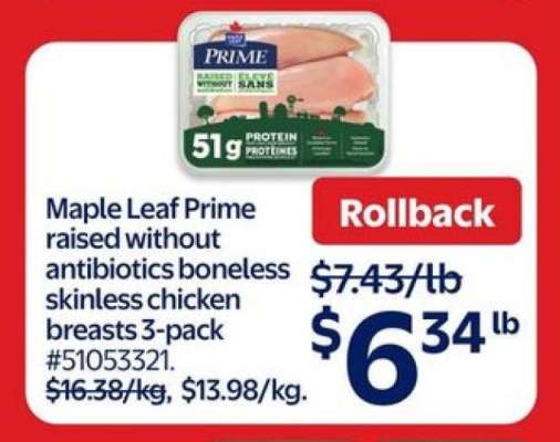 Maple Leaf Prime raised without antibiotics boneless skinless chicken breasts 3-pack